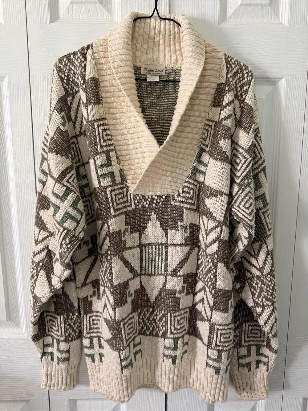 Vintage Private Stock Cotton Shawl Collar Geometric Sweater  Sz L